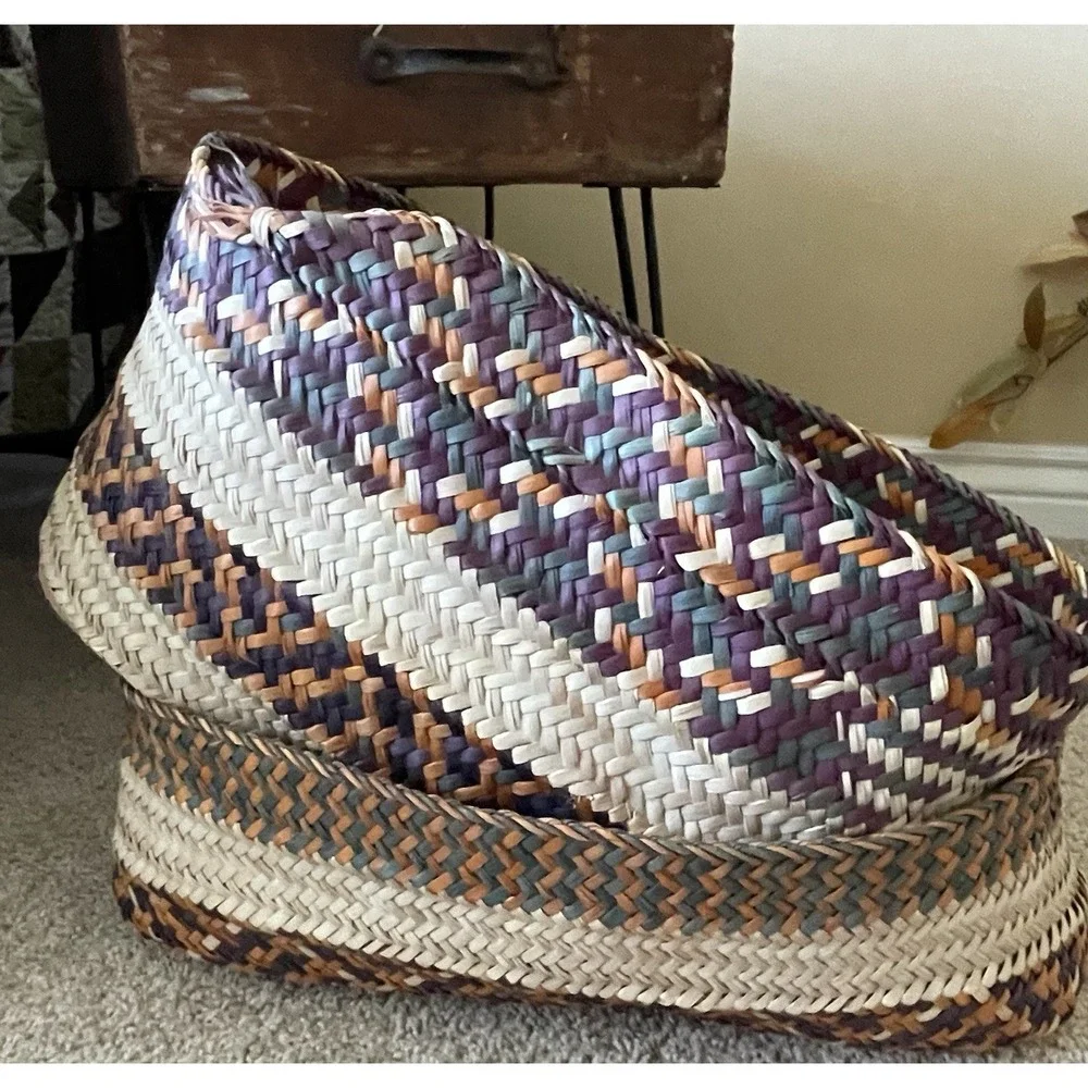 Boho Woven Baskets 2 Large Orange Purple Green Striped Open Storage Vtg Rattan